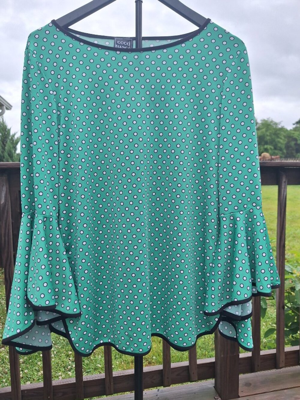 Coco Bianco Green Polka Dot Bell Sleeve Blouse Size L Y2K Career Wear